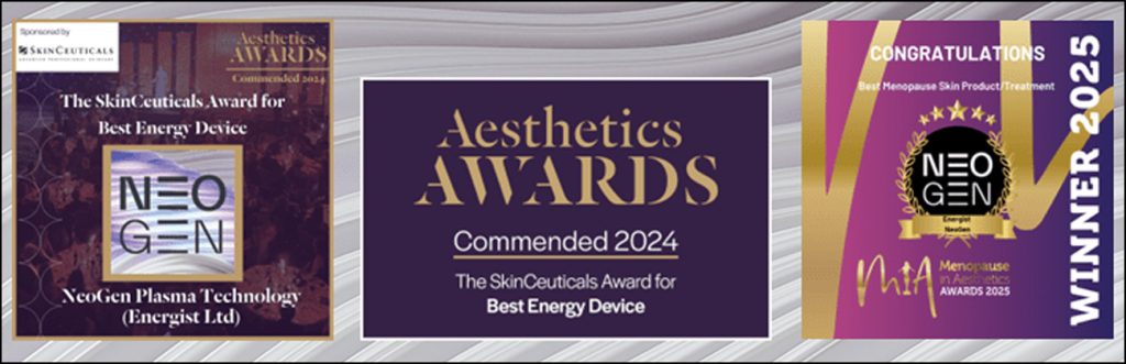Infographic showing European aesthetic awards won by NeoGen plasma technology in 2024 and 2025