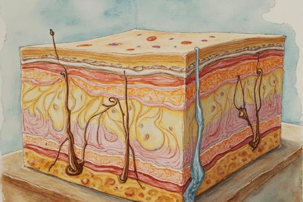 Abstract visualization of epidermis and dermis layers showing collagen stimulation and structural renewal.