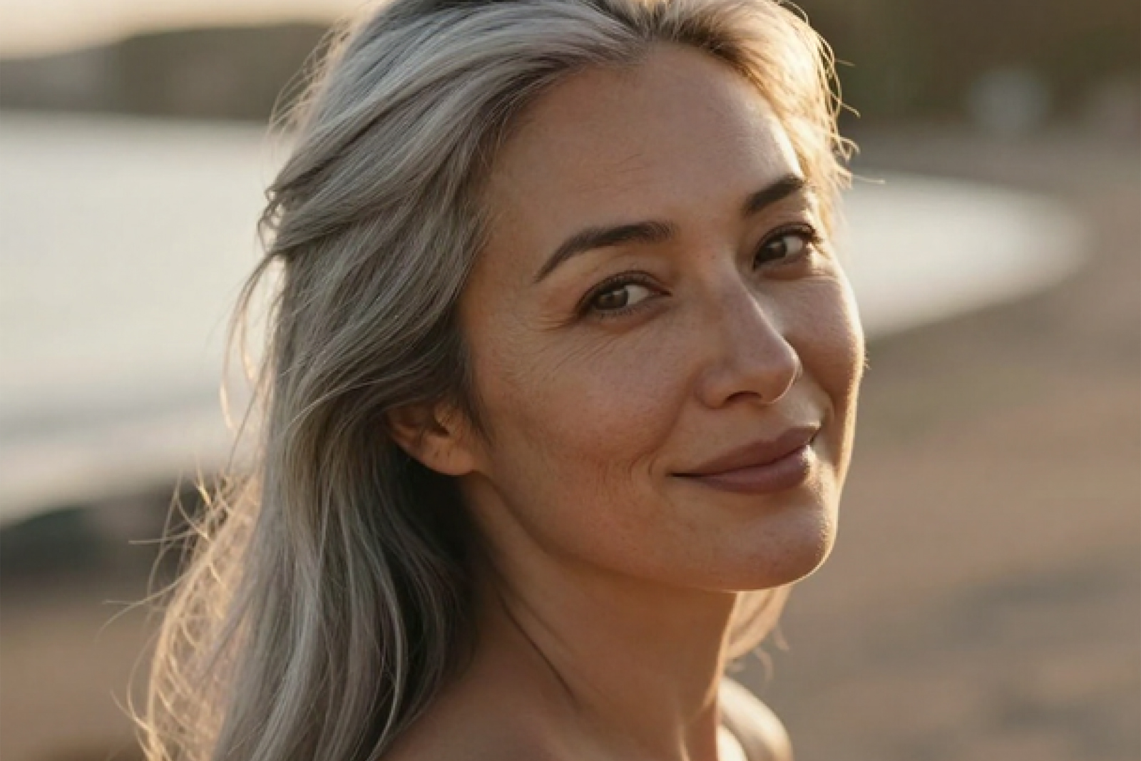 Midlife woman with natural, radiant skin outdoors, representing regenerative aesthetics and skin confidence in Calgary