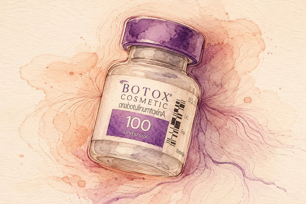Watercolor illustration of a Botox cosmetic vial with flowing botanical-inspired ink and watercolor details.