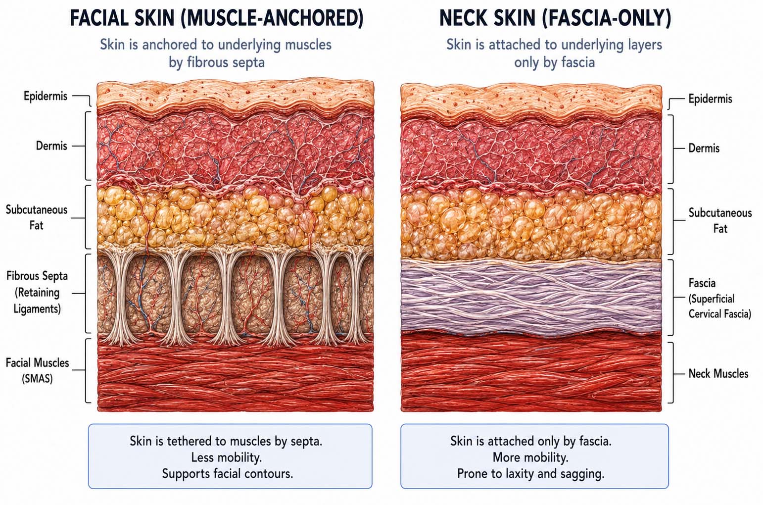 Medical illustration comparing facial skin anchored by fibrous septa to neck skin attached only by fascia, showing why the neck is more prone to laxity and sagging with age.