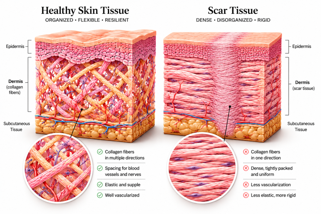 Medical illustration comparing healthy skin tissue with scar tissue, showing organized multidirectional collagen fibers versus dense, disorganized scar collagen extending through the dermis and subcutaneous tissue.