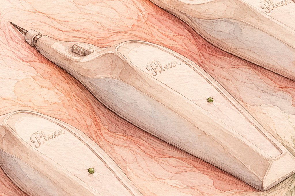 Watercolor illustration of a Plexr plasma device with botanical-inspired ink and watercolor detailing.