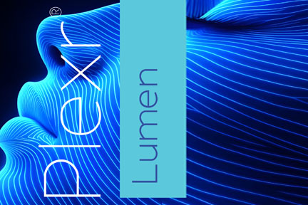 Plexr Lumen logo over glowing blue plasma energy waves, energy-based microneedling at Gia Sena Calgary