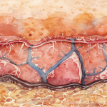 Watercolor illustration of skin layers in cross-section, showing the epidermis, dermis with blood vessels, and underlying fat layer.
