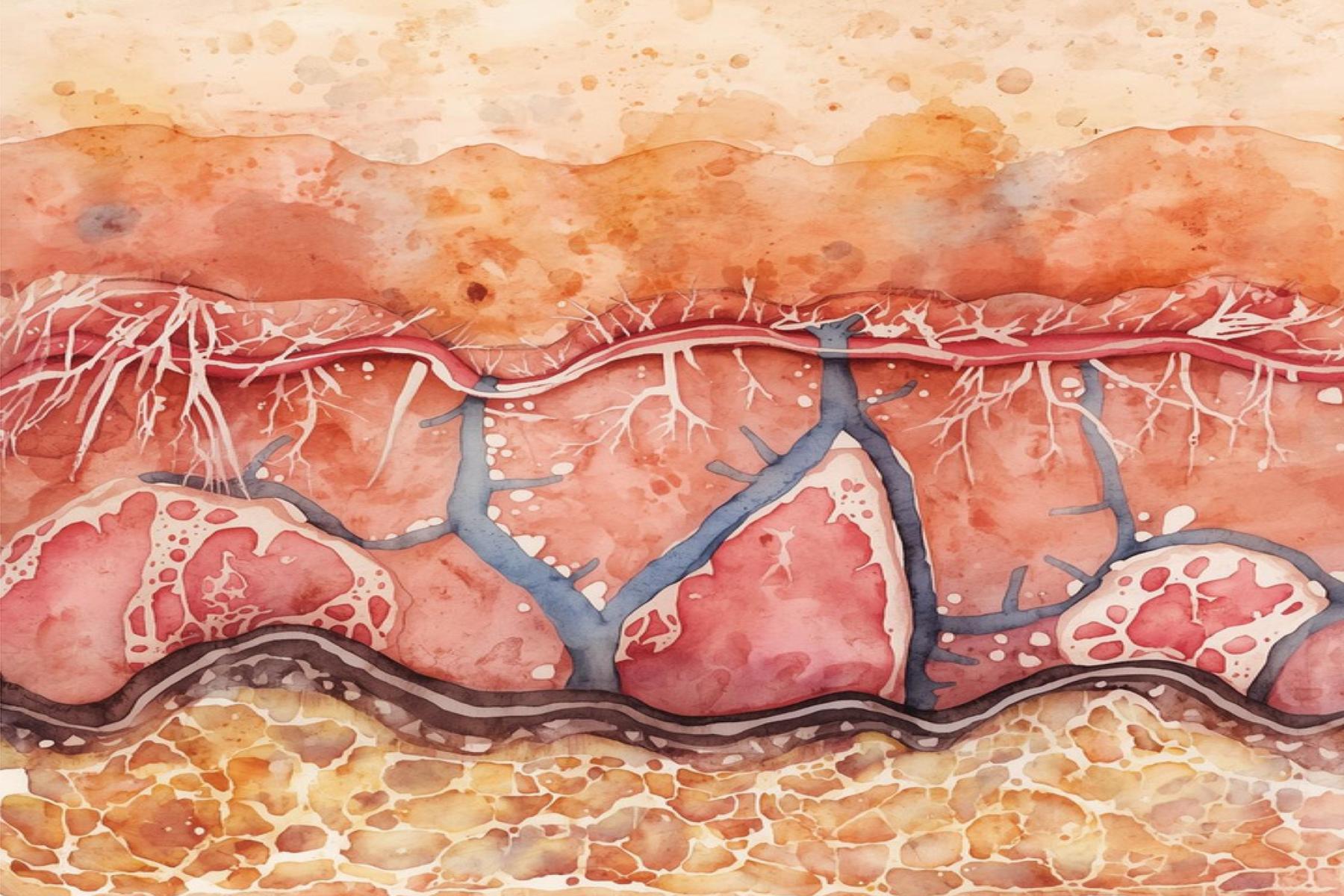 Watercolor illustration of skin layers in cross-section, showing the epidermis, dermis with blood vessels, and underlying fat layer.