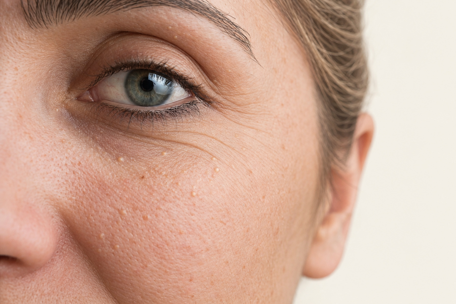 Milia under the eyes and across the cheek