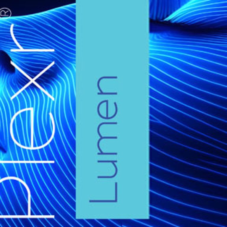 Plexr Lumen logo over glowing blue plasma energy waves, energy-based microneedling at Gia Sena Calgary