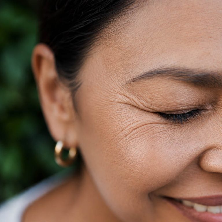 Close-up of a smiling middle-aged woman showing natural crow's feet and fine lines around the outer eye area.
